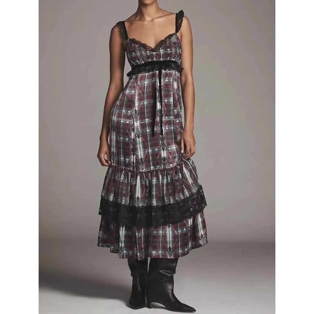 By Anthropologie V-Neck Lace-Trim Midi Dress XL
